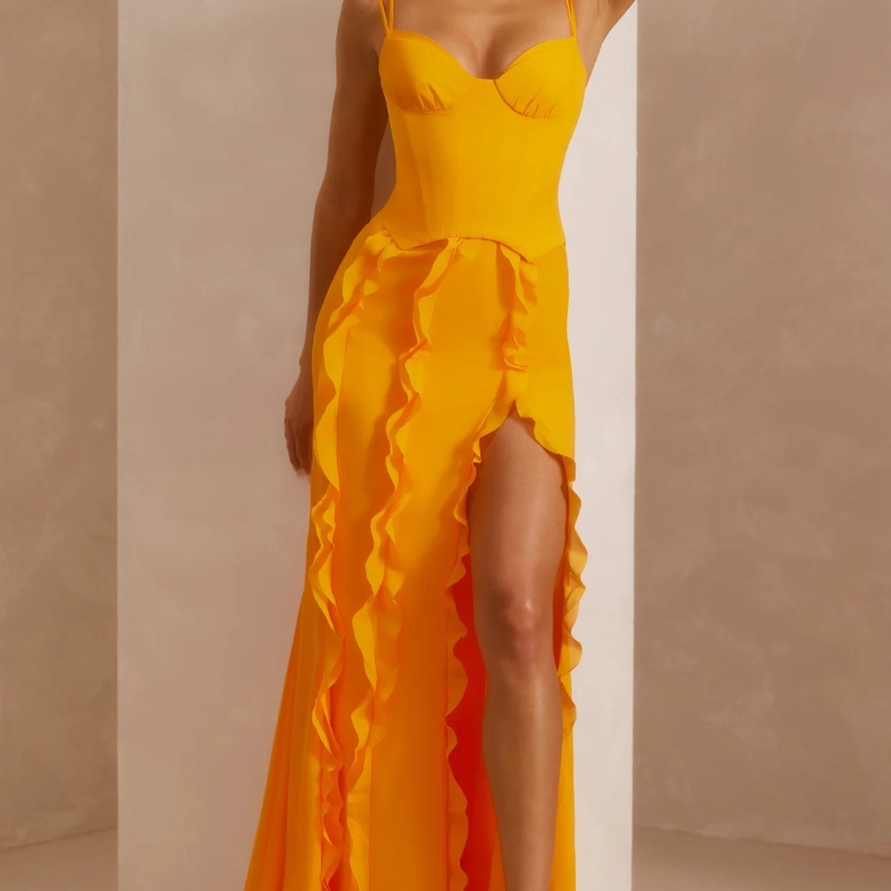 Yellow Ruffle-Trim Strappy Maxi Dress